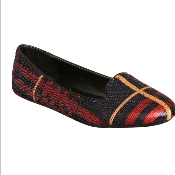 COACH SEQUIN NAVY & BURGUNDY TARTAN FLATS - Picture 2 of 4